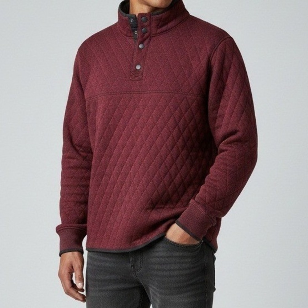 Mens Quilted Diamond Snap Mock Neck Pullover Sweatshirt Burgundy Maroon Large